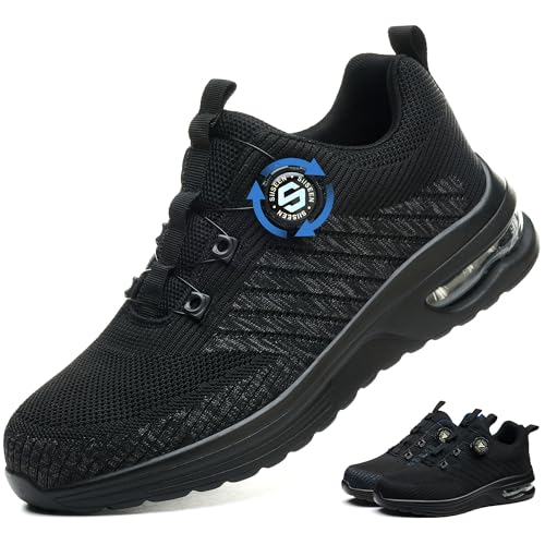Ayqyc Sicherheitsschuhe Herren Damen Arbeitsschuhe Leicht Atmungsaktiv rutschfeste Stahlkappenschuhe mit Drehschnallen Schnürsenkeln Schwarz 44 EU von Ayqyc
