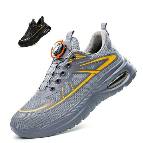 Ayqyc Sicherheitsschuhe Herren Damen Leicht Atmungsaktiv Stahlkappenschuhe rutschfeste Arbeitsturnschuhe mit Drehknopf Grau 38 EU von Ayqyc