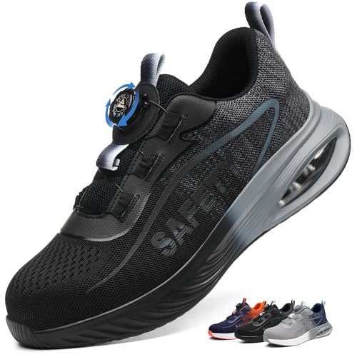 Ayqyc Sicherheitsschuhe Herren Damen Leicht Atmungsaktiv Stahlkappenschuhe rutschfeste Sportlich Arbeitsschuhe Mit Drehschnallen Schnürsenkeln Schwarz 46 EU von Ayqyc