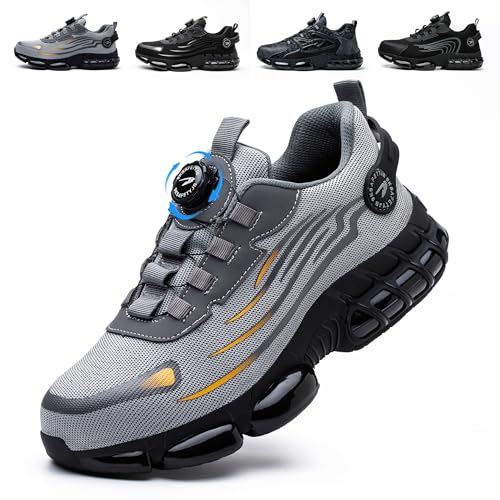 Ayqyc Sicherheitsschuhe Herren Damen Leicht Sportliche Arbeitsschuhe Atmungsaktiv Stahlkappenschuhe rutschfest Arbeitsschutzschuhe mit Drehknopf Grau 38 EU von Ayqyc
