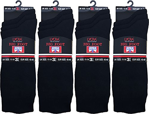 12 Paar Herren Großer Fuß Baumwolle Mit Lycra Schwarze Socken 44.5-47.5 von Ayra
