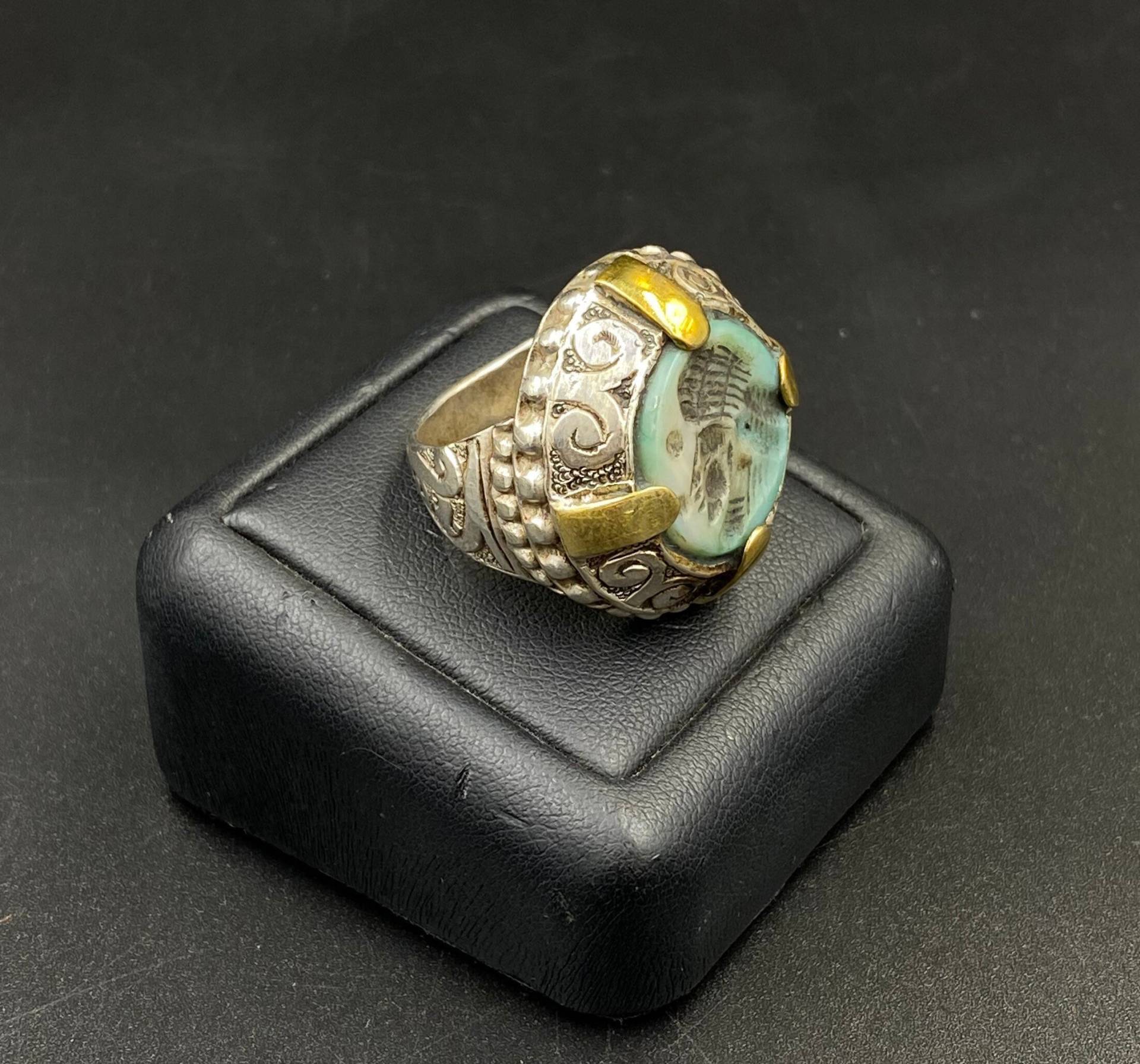 Wunderschöner Alexanderkopf in Türkis Stein Intaglio Ring Statement Vergoldet Sterling Silber Gr. 18 von AyubArts