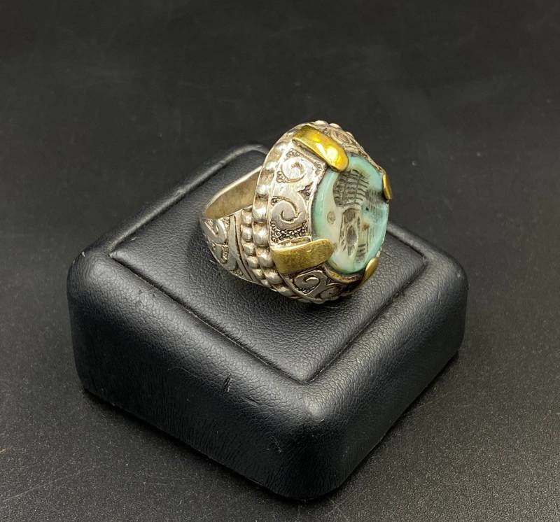 Wunderschöner Alexanderkopf in Türkis Stein Intaglio Ring Statement Vergoldet Sterling Silber Gr. 18 von AyubArts