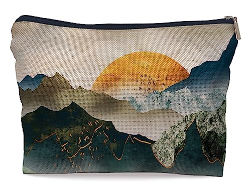 Ayxvt Abstrakter Boho-Sonnenuntergang, grün, Goldener Berg, Naturlandschaft, Mitte des Jahrhunderts, Moderne Kosmetiktasche, dekorative Damen-Make-up-Tasche, Reißverschlusstasche, von Ayxvt