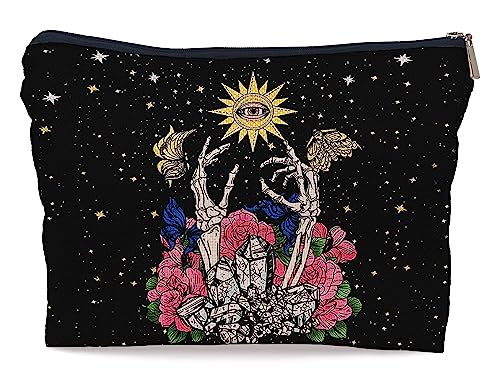 Ayxvt Kosmetiktasche im Gothic-Stil, Hippie, brennende Sonne, rosa Rose, Blumenmuster, Totenkopf, Hand, Skelett, Sternennacht, dekorative Make-up-Tasche für Damen, Reißverschluss, Reise-Kultur, von Ayxvt