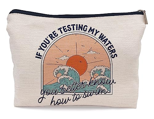 Ayxvt Retro Sommer Strand Sonnenschein Ozean Wave If You Are Testing My Waters You Better Know How to Swim Kosmetiktasche Dekorative Damen Make-up Tasche Reißverschluss Beutel Reise Toilettenartikel, von Ayxvt