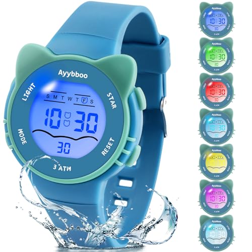 Ayybboo Kinder Armbanduhr,Digitaluhr Kinder mit Katzenmotiv,3ATM Wasserdicht,Quarz,Weiches Band,7 Farblichter Kinderuhr für Jungen und Mädchen (Blau) von Ayybboo