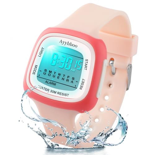 Ayybboo Kinder-Armbanduhr,7 Bunte Lichter Kinder-Digitaluhr für Mädchen Jungen,3ATM wasserdichte Kinder-Sportuhr (Hellrosa) von Ayybboo