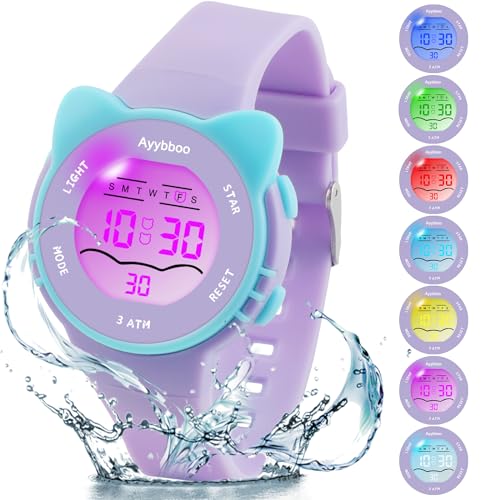 Ayybboo Kinder Armbanduhr,Digitaluhr Kinder mit Katzenmotiv,3ATM Wasserdicht,Quarz,Weiches Band,7 Farblichter Kinderuhr für Jungen und Mädchen (Lila) von Ayybboo