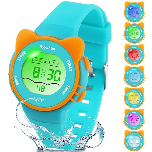 Ayybboo Kinder Armbanduhr,Digitaluhr Kinder mit Katzenmotiv,3ATM Wasserdicht,Quarz,Weiches Band,7 Farblichter Kinderuhr für Jungen und Mädchen (Grün) von Ayybboo