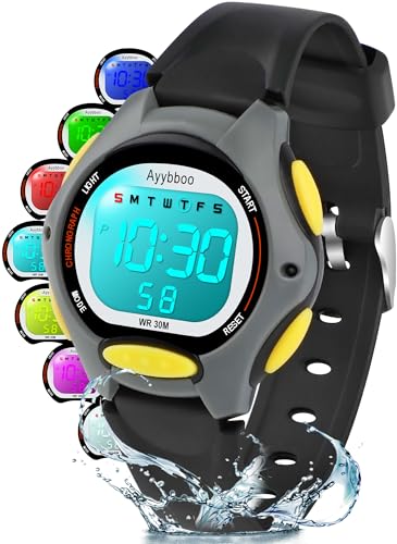 Ayybboo Kinderuhr Digital,Armbanduhr Kinder mit 7 Farben LED Licht,3ATM Wasserdicht Digitaluhr Kinder mit Wecker,Stoppuhr,Datum für Jungen Mädchen 4-15 Jahre,Geschenke zur Einschulung von Ayybboo