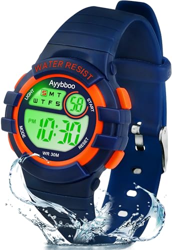 Ayybboo Kinderuhr Digital für Jungen Mädchen ab 4-15 Jahre,3 ATM Wasserdicht Armbanduhr Kinder mit 7-Farben LED,Digitaluhr Kinder mit Wecker,Stoppuhr,12/24H von Ayybboo