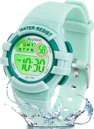 Ayybboo Kinderuhr Digital für Jungen Mädchen ab 4-15 Jahre,3 ATM Wasserdicht Armbanduhr Kinder mit 7-Farben LED,Digitaluhr Kinder mit Wecker,Stoppuhr,12/24H von Ayybboo