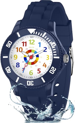 Ayybboo Kinderuhr Jungen Mädchen,Lernuhr Armbanduhr Kinder Analog mit 3ATM Wasserdicht,Weiches Band,Leicht Ablesbar 4-12 Jahre (Blau) von Ayybboo
