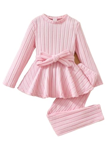Ayzozuy Geripptes Strick-Oberteil und Hose mit Schößchen, einfarbig, für Kinder (Alter 4–7 Jahre), Pink-a, 6-7 Jahre von Ayzozuy