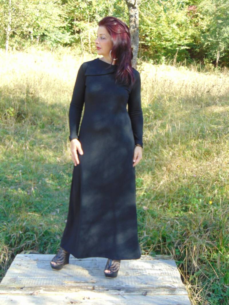 Schwarzes Feines Strickkleid/Langes Kleid/Herbstkleid/Elegantes Kleid/Kleid Mit Kragen/Cover Up Kleid/Trendiges Kleid/A-Linie Kleid/Gemütliches von AzaliaCult