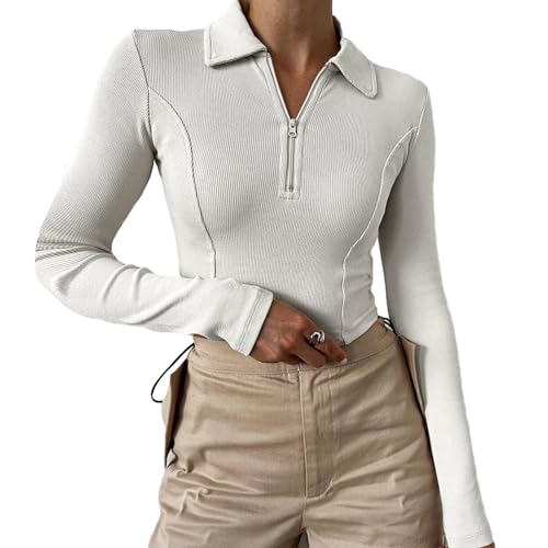 Azazaza Damen Langarmshirt Crop Tops Basic Eng Halber Reißverschluss Revers Slim Fit Bauchfreies Oberteil von Azazaza