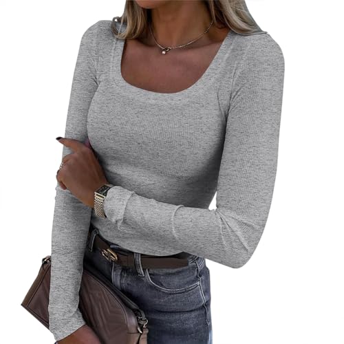 Azazaza Damen Oberteile Elegant Langarmshirt Eng Basic Slim Fit Top T Shirt Casual Eckigem Ausschnitt Strick Langarm Top von Azazaza