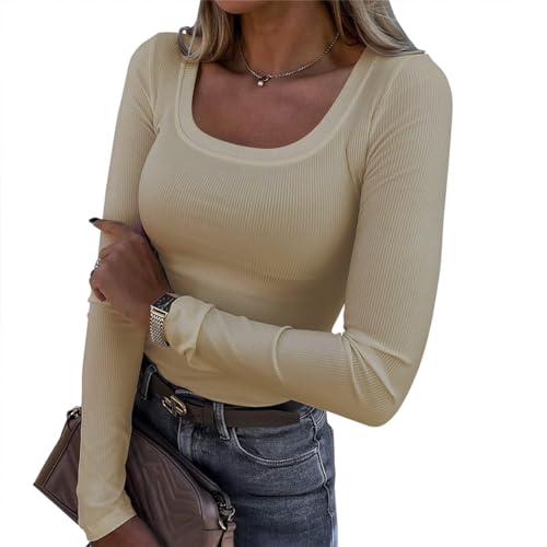 Azazaza Damen Oberteile Elegant Langarmshirt Eng Basic Slim Fit Top T Shirt Casual Eckigem Ausschnitt Strick Langarm Top von Azazaza