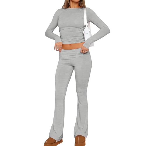 Azazaza Damen Skims Dupe Slim Fit 2 Stück Set Langarm Crop Top und Low Rise Flare Pants Yoga Trainingsanzug Lounge Set von Azazaza