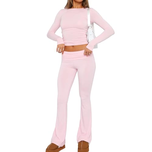 Azazaza Damen Skims Dupe Slim Fit 2 Stück Set Langarm Crop Top und Low Rise Flare Pants Yoga Trainingsanzug Lounge Set von Azazaza