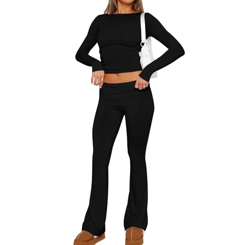 Azazaza Damen Skims Dupe Slim Fit 2 Stück Set Langarm Crop Top und Low Rise Flare Pants Yoga Trainingsanzug Lounge Set von Azazaza