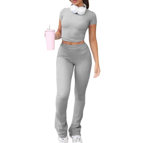 Azazaza Damen Skims Dupe Slim Fit Zweiteiliges Set Enges Kurzärmliges Oberteil und Low Rise Flare Pants Yoga Trainingsanzug Sport Lounge Set von Azazaza