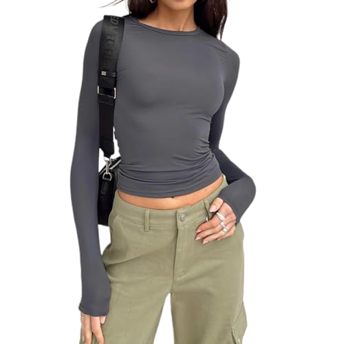 Azazaza Damen Skims Dupe Y2K Crop Top Basic Langarmshirts Eng Rundhals Slim Fit Langarm T-Shirt Oberteile Casual Streetwear von Azazaza