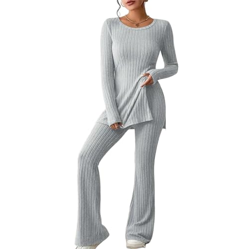 Azazaza Damen Zweiteiler Strick Suit Strick Langärmeliges Oberteil und Outdoor Jogginganzug Set Lounge Set Strickanzug Hausanzug Trainingsanzüge Set Strick Schlafanzug Set von Azazaza