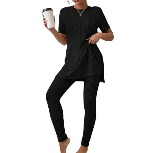 Azazaza Damen Zweiteiler Strick Suit Strick Langärmeliges Oberteil und Outdoor Jogginganzug Set Lounge Set Strickanzug Hausanzug Trainingsanzüge Set von Azazaza