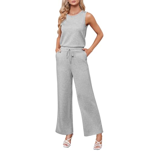 Azazaza Jumpsuit Damen Elegant Sommer Ärmellos Rundhals Overall Hosenanzug Weites Bein Romper Playsuit Mit Taschen von Azazaza
