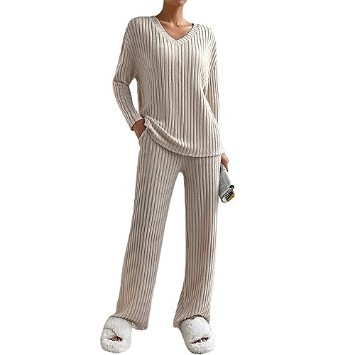 Azazaza Loungewear Damen Set Lounge Set Zweiteiler Langarm Strickpullove High Waist Weitem Bein Freizeithose Strickanzug Jogginganzug von Azazaza