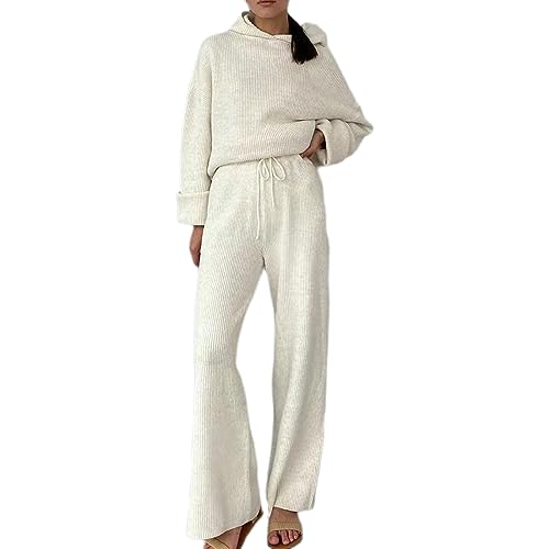 Azazaza Loungewear Damen Set Lounge Set Zweiteiler Langarm Strickpullove High Waist Weitem Bein Freizeithose Strickanzug Jogginganzug von Azazaza