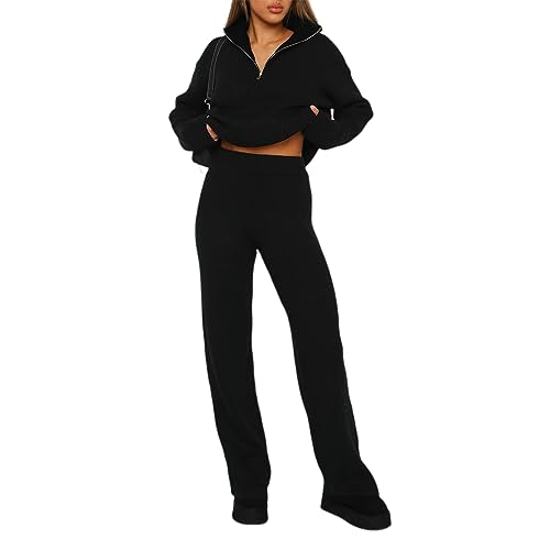 Azazaza Loungewear Damen Set Lounge Set Zweiteiler Langarm Strickpullove High Waist Weitem Bein Freizeithose Strickanzug Jogginganzug von Azazaza