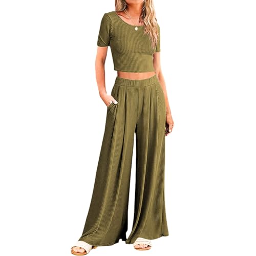 Azazaza Sommer Zweiteiler Damen Strick Set Enge Strick Kurze Ärmel Oberteil Pullover Damen und Weites Bein Hosen Lounge Sets Schlafanzug Pyjama Set Jumpsuits von Azazaza