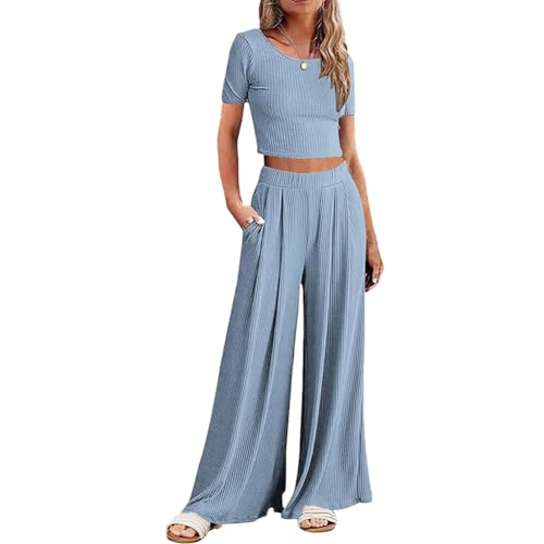 Azazaza Sommer Zweiteiler Damen Strick Set Enge Strick Kurze Ärmel Oberteil Pullover damen und Weites Bein Hosen Lounge Sets Schlafanzug Pyjama Set Jumpsuits von Azazaza