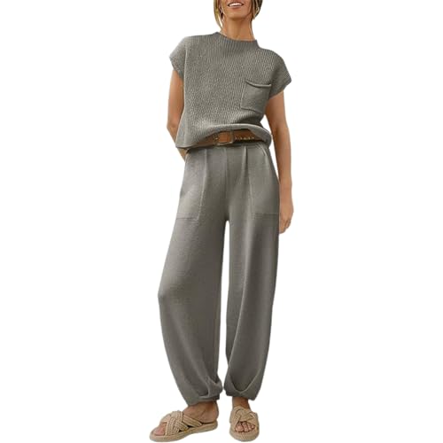 Azazaza Zweiteiler Damen Lounge Set Strick Pullover Top High Waist Hose Elegant Loungewear Freizeitanzug mit Taschen von Azazaza