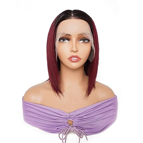 13X4 Transparente Spitze Kurze Bob Perücke Ombre Farbe Mittelteil Echthaar Für Damen 150Density 10Inch von Azedssw