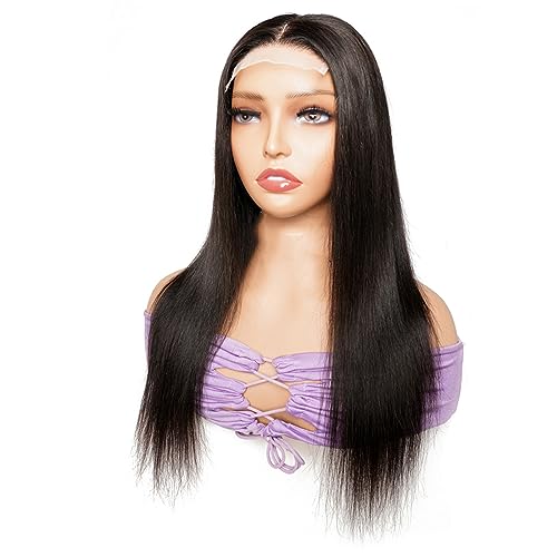 4X4 Spitze Perücke Schwarz Gerade Echthaar Perücken 150 Dichte Vorgezupfte Spitze Front Perücke Für Damen Natural color 18Inch von Azedssw