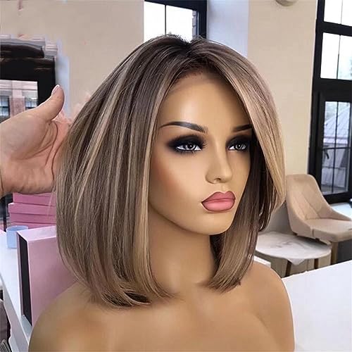 Bob Highlight Perücke Echthaar Vorgezupft Kurze Bob Perücke Spitze Vorne Echthaar Perücken Für Damen 13x4 Frontal Wig 14Inch 150Density von Azedssw