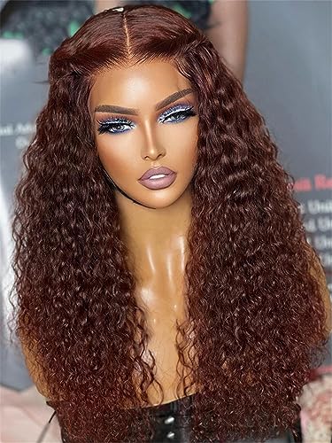 Damen Perücke Mit Spitze Vorne Tiefes Lockiges Echthaar Tiefe Welle Burgunderfarbene Lockige Perücke 99J 14Inch 13X4 Wig 150Density von Azedssw