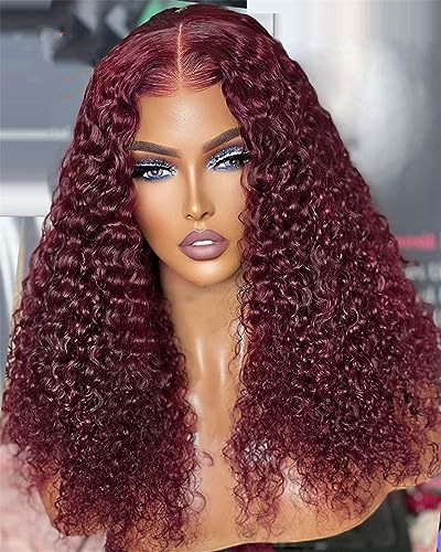 Damen Perücke Mit Spitze Vorne Tiefes Lockiges Echthaar Tiefe Welle Burgunderfarbene Lockige Perücke Burgundy 18Inch 4X4 Wig 180Density von Azedssw