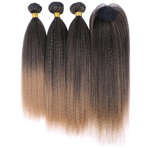 Damen Synthetische Verworrene Gerade Haarwebart Bundles Mit Verschluss Hitzebeständige Faser Ombre Haar Extensions T1B 27 12 14 14 14 inch von Azedssw