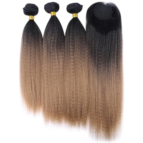 Damen Synthetische Verworrene Gerade Haarwebart Bundles Mit Verschluss Hitzebeständige Faser Ombre Haar Extensions TT1B 27 12 14 14 14 inch von Azedssw