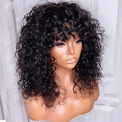 Glueless Curly Perücke Mit Pony Remy Brasilianisches Lockiges Echthaar Perücken Schwarz Für Damen 14 Inch 180 Density von Azedssw