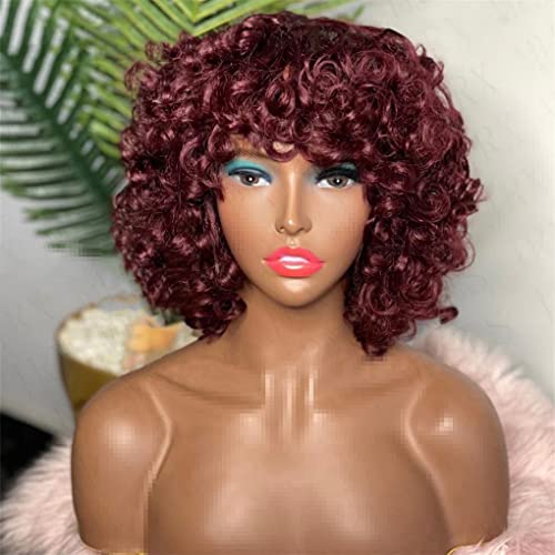 Highlight Blonde Lockige Kurze Echthaarperücke Für Damen Curly Bob Burgunderfarbene Fransenperücke 99J 14 Inch 180 Density von Azedssw