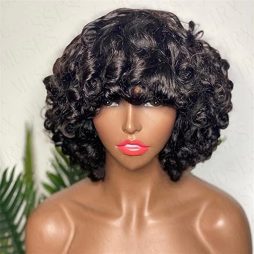 Highlight Blonde Lockige Kurze Echthaarperücke Für Damen Peruanischer Lockiger Bob Burgunderfarbene Fransenperücke Natural Black 10Inch 180 Density von Azedssw