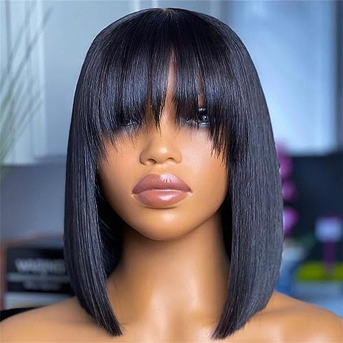 Kurze Gerade Bob Echthaarperücken Mit Pony Perücken Für Damen Leimlose Fransenperücke 150Density 18Inch Wig von Azedssw