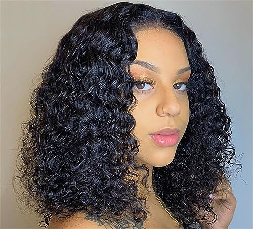 Kurze Lockige Bob Perücke Nasse Und Gewellte Wasserwelle Bob Perücke Spitze Vorne Echthaar Perücken Für Damen Natural Color 10Inch 4x4 Lace Closure Bob von Azedssw