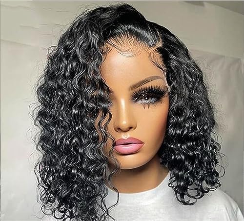 Leimlose Kurze Lockige Echthaar Bob Perücke Wasser Lace Front Echthaar Perücken Für Damen Vorgezupft 13X4 Lace 8Inch 180Density von Azedssw